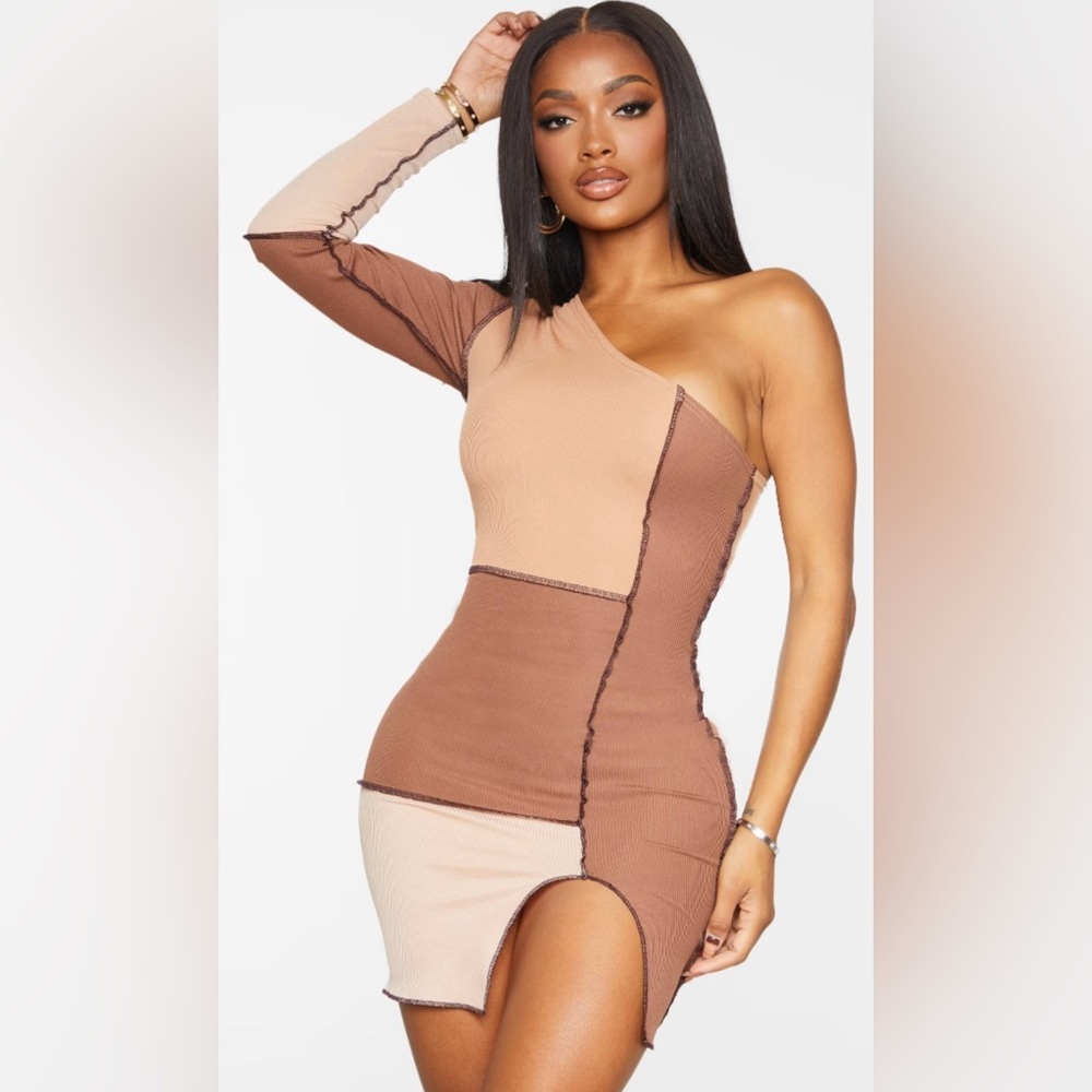 PLT Shape Stone Rib Panel One Shoulder Split Bodycon Dress